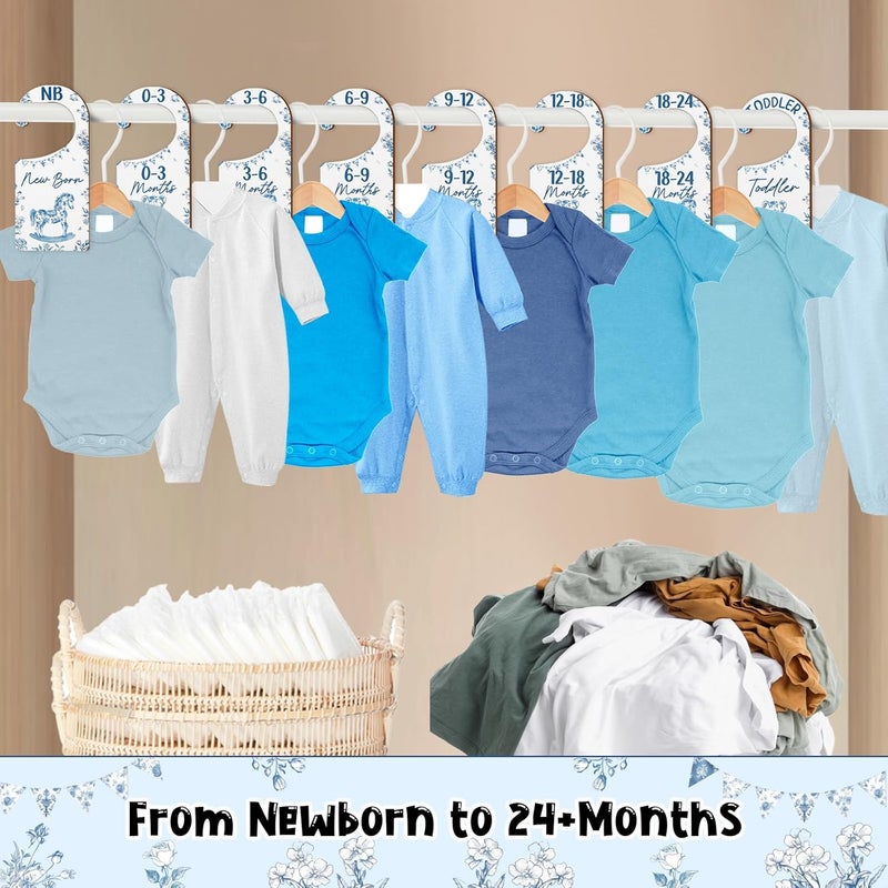 CORNER LACE Baby Closet Dividers 8PCS, Blue Toile Themed Wooden Double-Sided Clothes Size Hanger/Organizer from Newborn to Toddler for Nursery Decor Baby Shower Birthday Gender Reveal Party Gift - Image 4